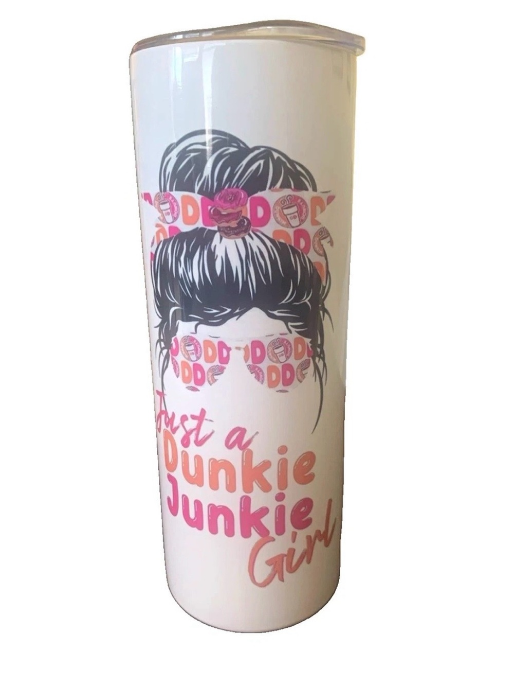 Annie Dunkie Junkie Girl 20 oz Tumbler Pink Donut Coffee Cup w/ Lid NWOT